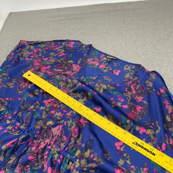 Express Peplum Blue Pink Blouse Kaftan Cold Shoulder Sleeves V-Neck XS Elastic W - Picture 9 of 13